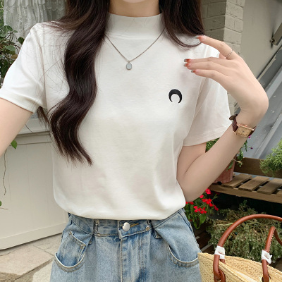 实拍实价小立领短袖t恤女装夏季韩版设计感小众纯棉刺绣正肩上衣