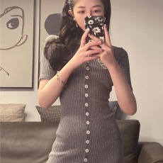 批发2026年新款夏季复古显瘦针织连衣裙勋章polo领修身包臀裙女