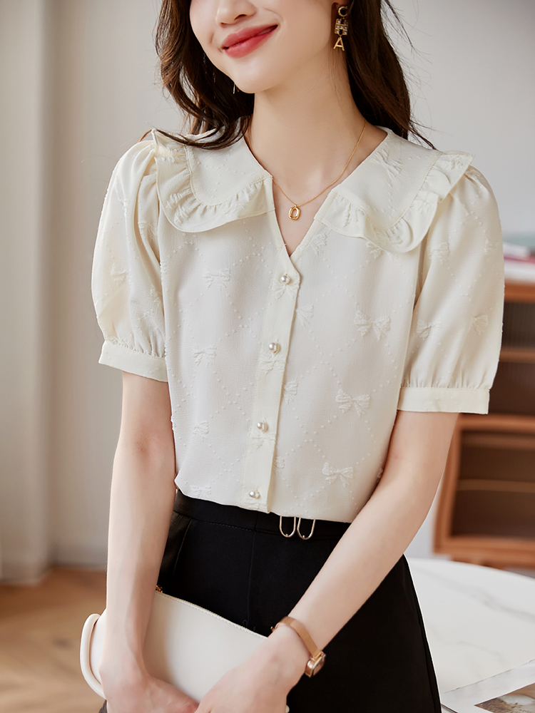 MY2293# 衬衫女夏季新款韩版蝴蝶结显瘦短袖设计感衬衣上衣女裝貨源服裝批發