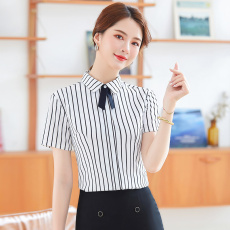 批发职业装短袖条纹衬衫女夏季薄酒店<b class='q'>服务员</b>咖啡厅餐馆收银员工装衬衣