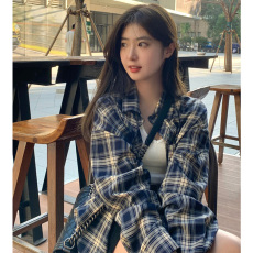 批发幂式穿搭格子衬衫女秋<b class='q'>冬</b>慵懒风复古宽松衬衣开衫外套长袖上衣春季