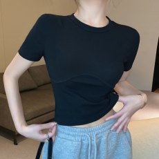 实拍 欧美风性感紧身内搭螺纹短袖t恤女夏季短款高腰露脐别致上衣