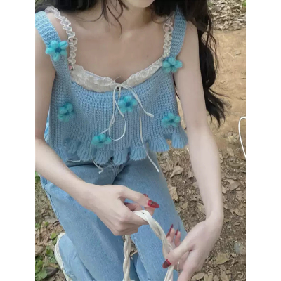 日系甜美纯欲风上衣叠穿夏季针织吊带小众设计可爱花朵毛衣背心女