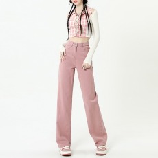 脏粉色高腰阔腿牛仔裤女2023年春夏新款大码美式高街直筒拖地裤子