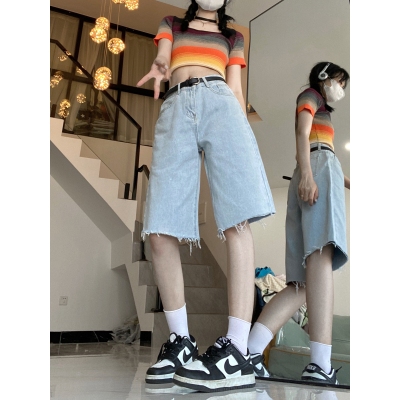 实拍实价！！！毛边牛仔短裤女高腰宽松百搭显瘦阔腿五分裤中裤