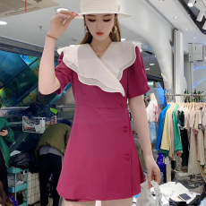 批发法式赫本风<b class='q'>短裤</b>短裙两件套荷叶边翻领双排扣收腰连衣裙2024新款