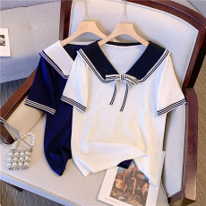 批发实拍大码女装学院风撞色海军翻领冰丝针织衫胖MM短袖T恤