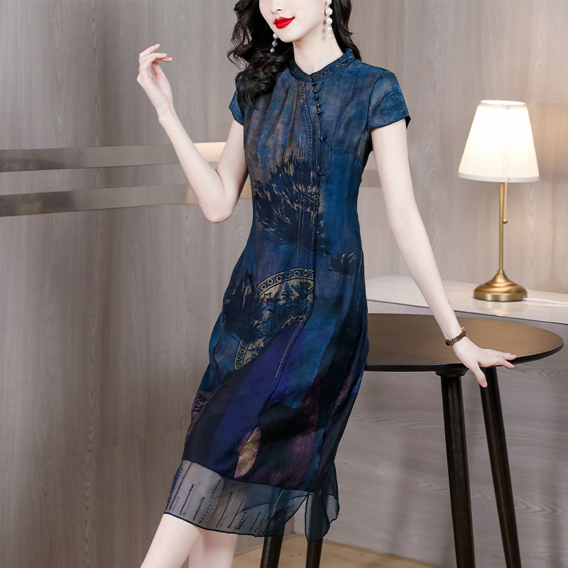 MY260#中式立领花罗真丝香云纱改良旗袍裙修身气质杭州桑蚕丝连衣裙女裝貨源服裝批發