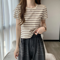 条纹纯棉短袖t恤女2023年夏季新款圆领修身设计感小众半袖上衣