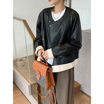 撞色拼接机车皮衣外套女欧货2023春秋宽松休闲圆领双排扣PU皮夹克