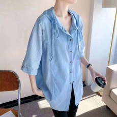 实拍天丝牛仔衬衫女夏季新款连帽拼接条纹宽松大码短袖衬衣