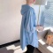 实拍天丝牛仔衬衫女夏季新款连帽拼接条纹宽松大码短袖衬衣轮播图2