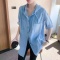 实拍天丝牛仔衬衫女夏季新款连帽拼接条纹宽松大码短袖衬衣轮播图3