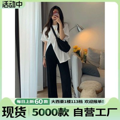 2023早春新款大码港味白色短袖t恤上衣裤子两件套装夏季小众女装