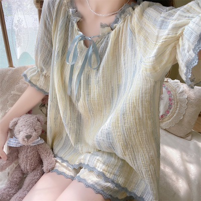 实拍实价 纯棉纱布长袖系带睡裙简约家居服 睡衣套装