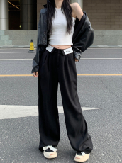 实拍大码微胖设计感翻边垂感阔腿西装裤女高腰宽松显瘦直筒休闲裤