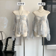 Juicecola 挂脖一字肩碎花雪纺衬衫女春装新款chic甜辣上衣短款