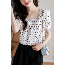 实拍◆◆方领雪纺衫女夏装小清新白色波点碎花上衣短袖
