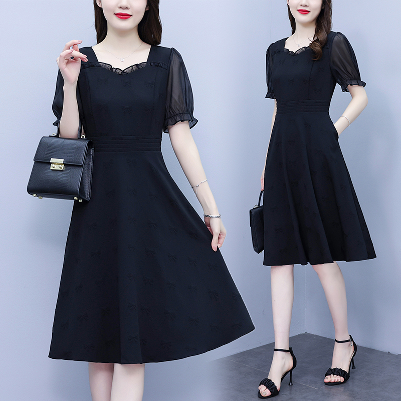 RY1209# 夏季新款大码女装连衣裙拼接优雅收腰中长款黑色裙子