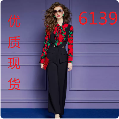 RM9193#休闲套装女春季新款印花雪纺衬衫高腰背带西装连体裤两件套