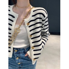 批发金扣撞色条纹圆领小香风针织<b class='q'>开衫</b>女秋季法式宽松短款外搭毛衣外套