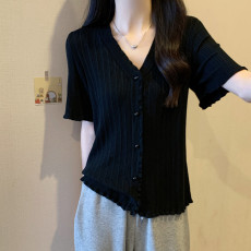 批发实拍 大码女装夏装2026新款显瘦<b class='q'>开衫</b>木耳边胖妹妹短袖t恤宽松上衣