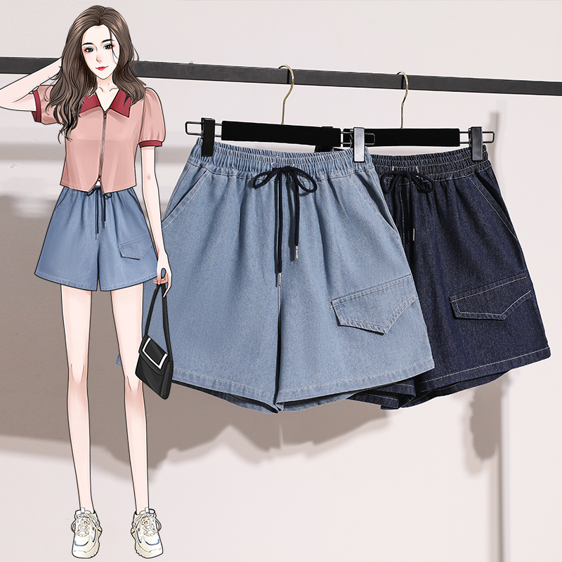 MY6433# 牛仔短裤女夏抽绳高腰显瘦薄款宽松直筒阔腿裤大码五分裤子女裝...