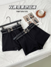 2023新品韩版黑色双腰带牛仔短裤时尚简约百搭开叉阔腿裤休闲热裤