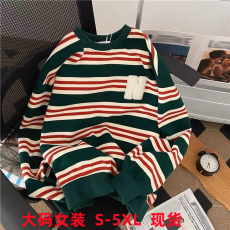 批发条纹卫衣女春秋2023新款大码胖mm宽松显瘦圆领慵懒风外套长袖上衣