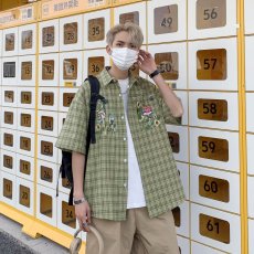 批发潮五分袖新款标准衬衫格子夏季男文艺青春流行ins慵懒方领简约