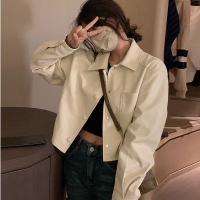 现货简约短款皮衣外套女机车服2023年春季百搭复古休闲夹克上衣潮
