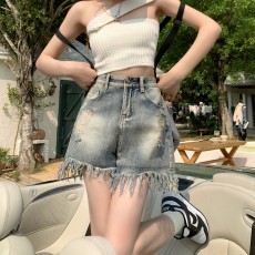 实拍！美式复古毛边破洞牛仔裤女甜辣夏季高腰短裤A字裤子热裤潮