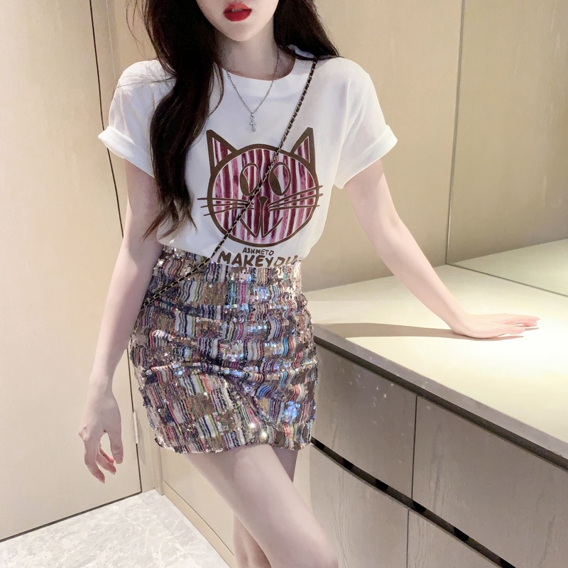 MY5391# 时尚印花百搭T恤重工彩色亮片钉珠个性撞色短裙套装女裝貨源服裝批發