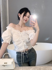 实拍实价~夏季设计感小众泡泡袖短款衬衫高腰抽绳一字肩上衣女