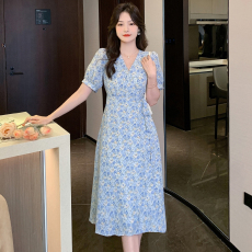 实拍 V领一片式连衣裙女裙子夏季小清新收腰显瘦中长款碎花裙