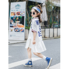 批发童装女童休闲宽松连衣裙2023夏季新款中大童POLO翻领短袖亲子裙潮