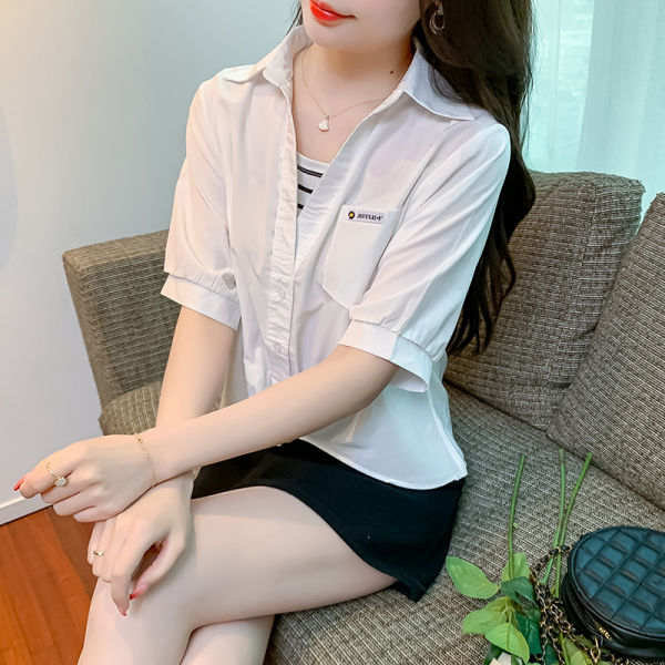 RM9789#夏季新款韩版宽松拼接V领衬衫女设计感小众上衣