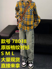 春季 黄色格子长袖衬衫男友风宽松情侣休闲外套