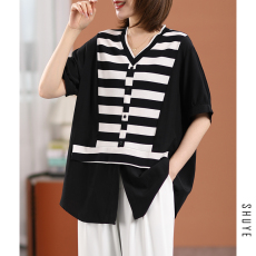 批发2026夏季新款韩版休闲大码宽松显瘦V领天丝拼接条纹T恤女短袖