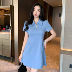 实拍实价 翻领收腰连衣裙小个子设计感小众收腰显瘦休闲蓝色短裙