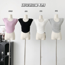 CHICYOU好穿到自留4色纯欲V领收腰显瘦褶皱短袖t恤短款上衣女
