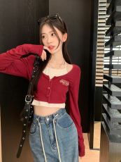 实拍实价 美式复古挂脖假两件短款辣妹修身显瘦内搭打底长袖T恤