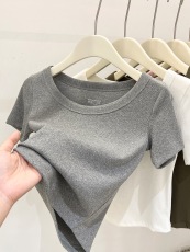 螺纹短袖t恤女夏季2023新款时髦时尚露锁骨小众修身短款上衣女潮