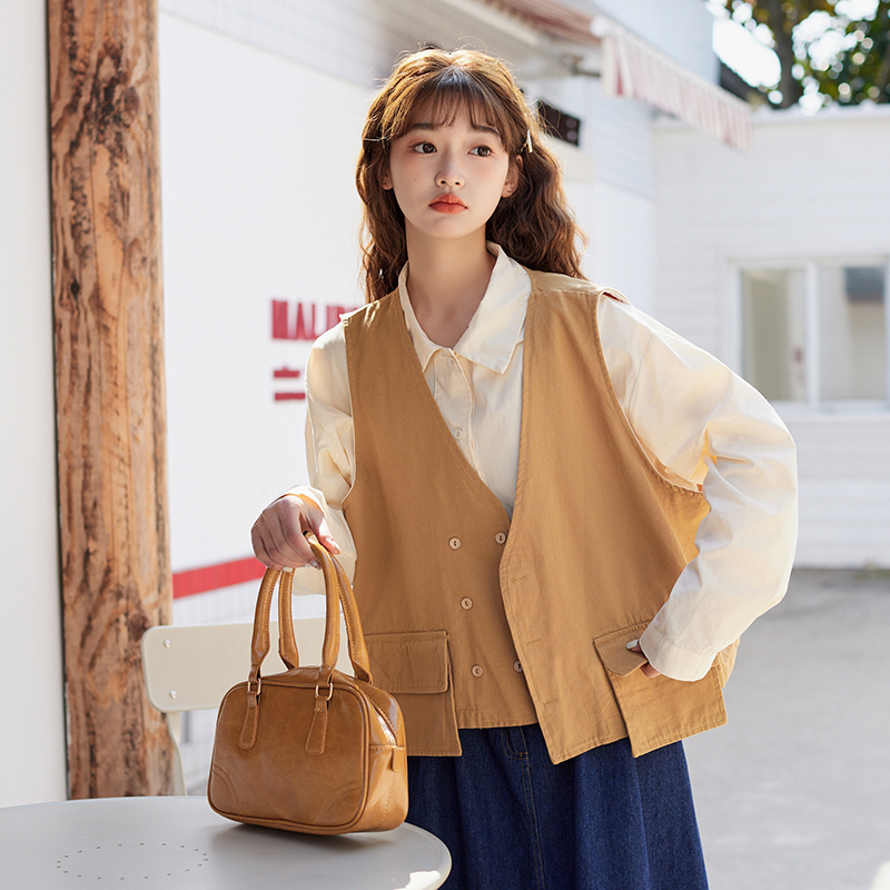 실사 2026 봄 가을 새로운 일본식 루즈핏 BF 바람 레트로 더블 주머니 V넥 워크웨어 베스트 쇼트 스타일 외출용