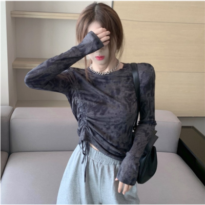 洋气打底衫女修身设计感下摆抽绳长袖T恤上衣潮
