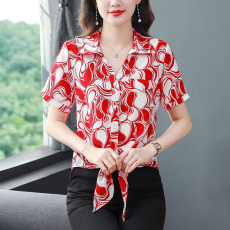 2023夏季新款短袖系带衬衣时尚印花洋气大码妈妈装小衫百搭上衣