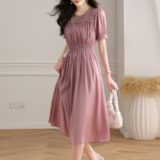 批发实拍夏新款设计感小众抽褶中长款泡泡袖高腰显瘦连衣裙女