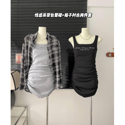 韩版复古格子衬衣+吊带包臀长裙两件套