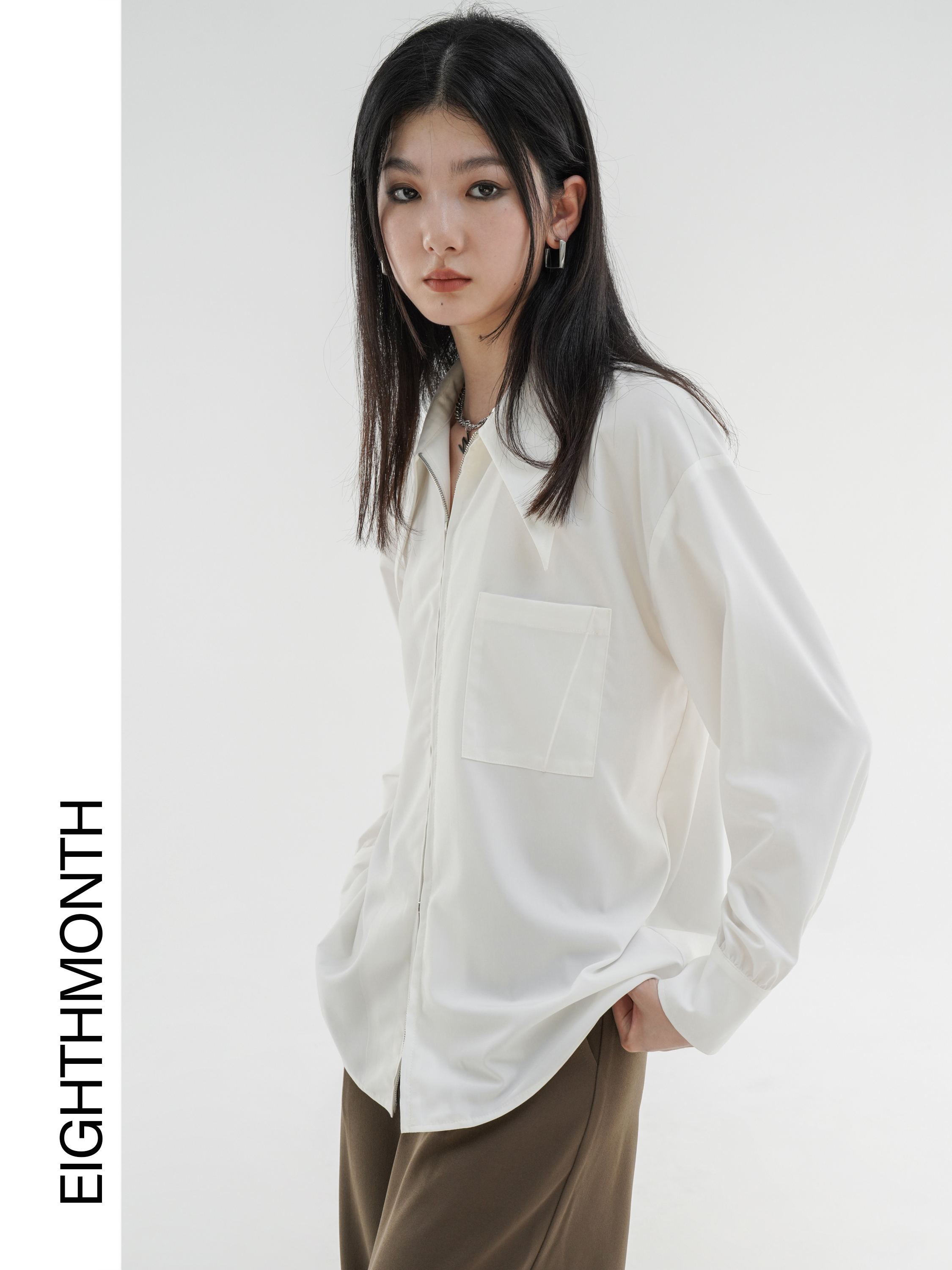EIGHTHMONTH August white shirt women's autumn zipper top loose French long-sleeved shirt