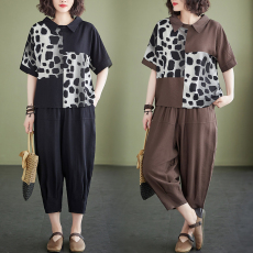 批发实拍夏季新文艺棉麻拼接宽松大码上衣+松紧腰阔腿裤两件套女